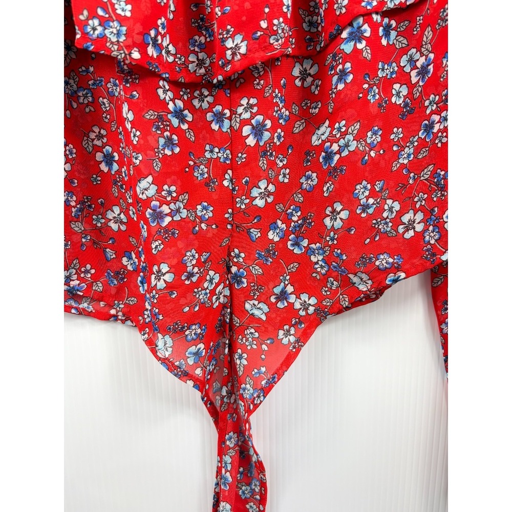 Timing Floral Off Shoulder Crop Top Red Smocked Flounce Tie Boho Cottage - Picture 5 of 7